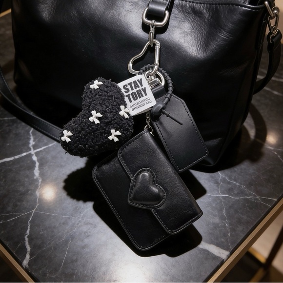Handbags - Black Heart Card Case - Faux Leather and Plush Heart Charm